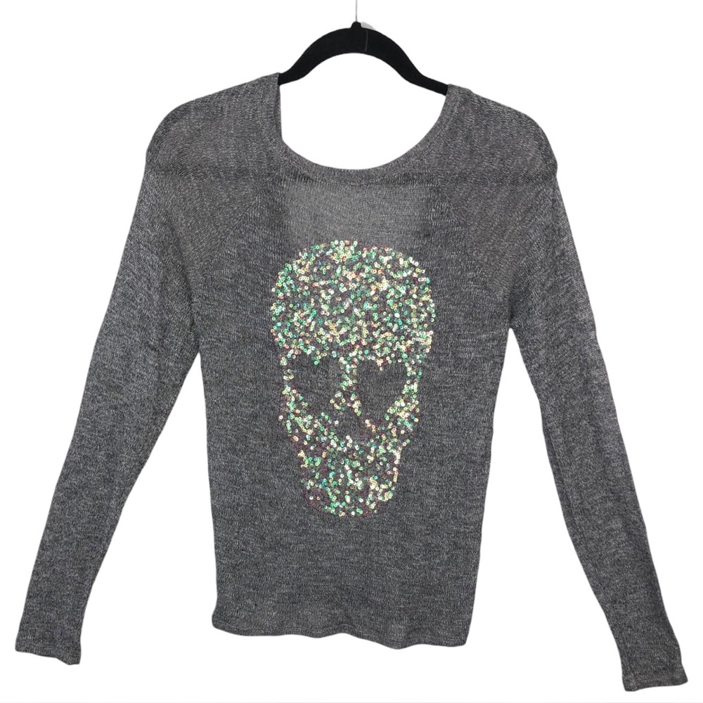 VS PINK Skull Sequin Lightweight Sweater w/ TATTERED ELBOWS